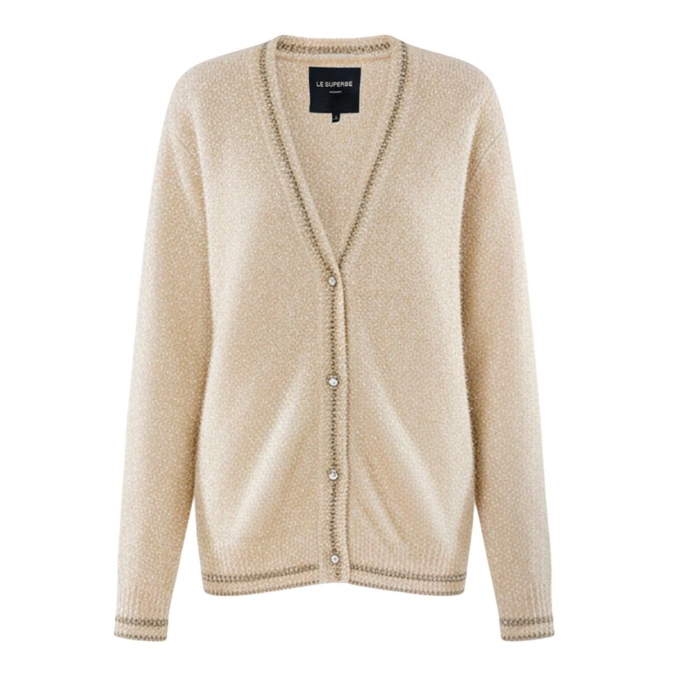 Le Superbe Gold Metallic Cashmere Blend V-Neck Cardigan Sweater Medium Luxury - Picture 2 of 10